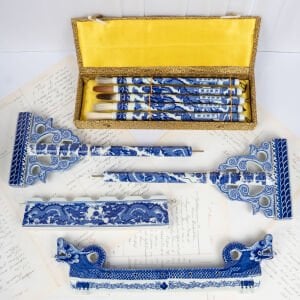 Qianlong Çin Blue Blanc Porselen Fırça Takımı